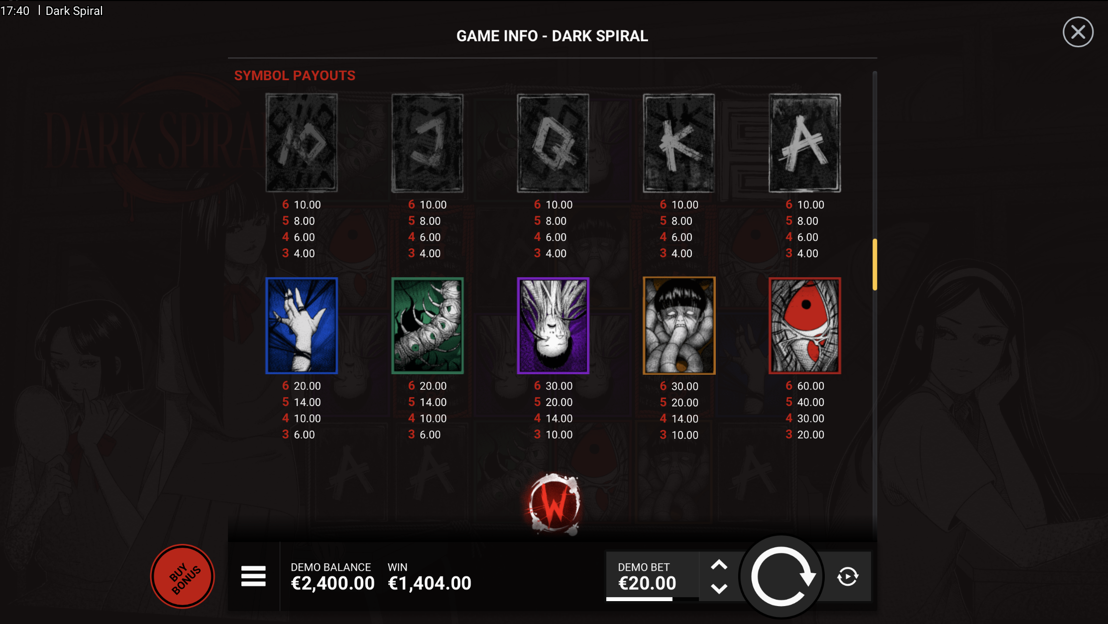 Auszahlung von Gewinnen bei Dark Spiral